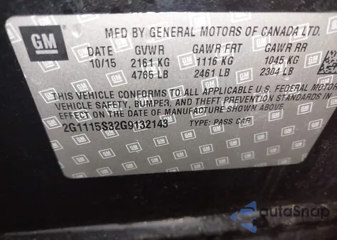 2016 Chevrolet Impala 2Lt из США, поврежденный, VIN 2G1115S32G9132143